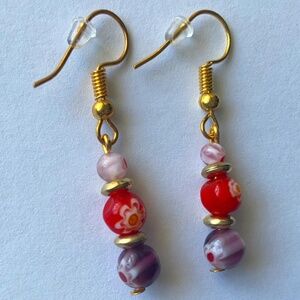 Glass Flower Millefiori Beads Red & Purple Dangle/Drop Boho Handmade Earrings